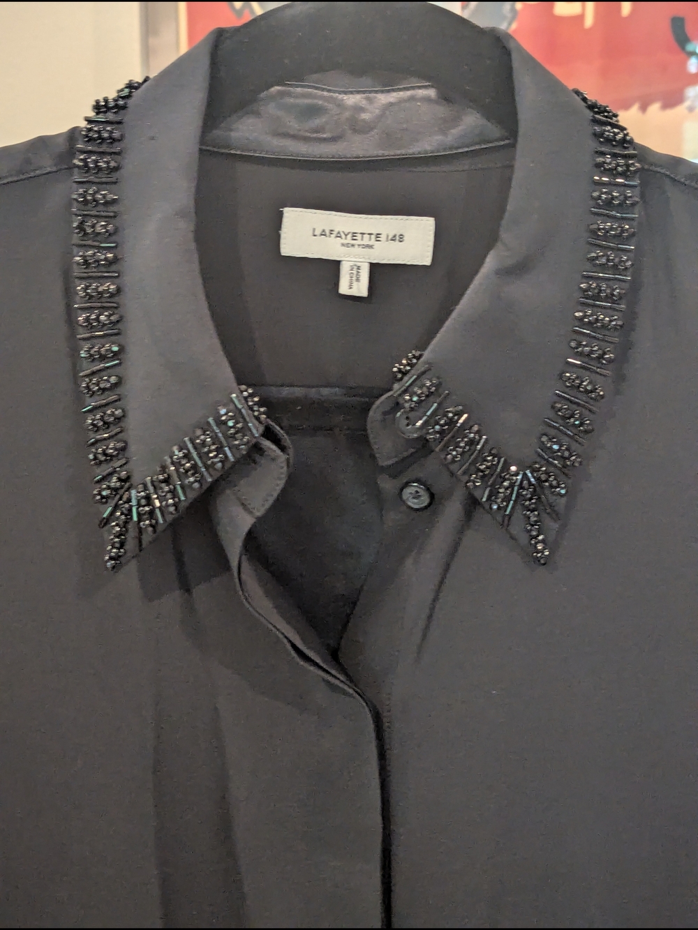 $70 Lafayette 148 Size S New York Black Beaded Collar Silk Blouse Pristine EUC - Picture 2 of 7